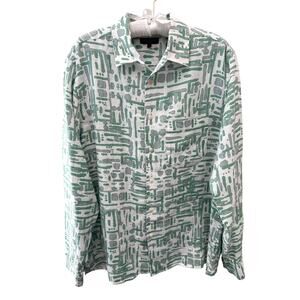 TED BAKER Men’s Linen Shirt Abstract Green Gray Print Button Down | Size 4 Large